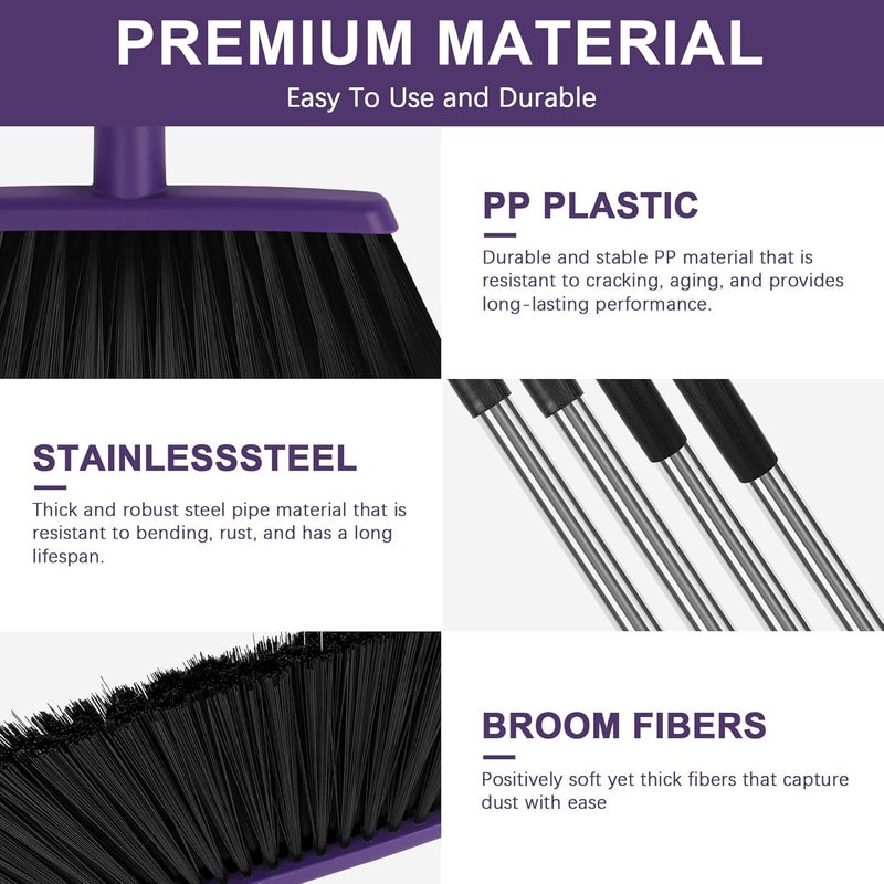 UDUK Heavy Duty Angle Broom, 55-Inch Long Handle Extra Wide 12.6 Inch Head, Stainless Steel Tube & PP Bristles for Pet Hair and Dust, Floor Safe - Purple - Image 3